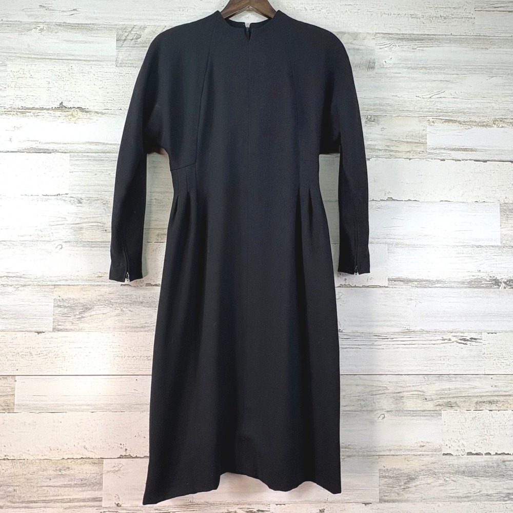 Pauline Trigere Vintage 80s Black Midi Dress Long Sleeve Zipper Cuffs Size 8 NEW